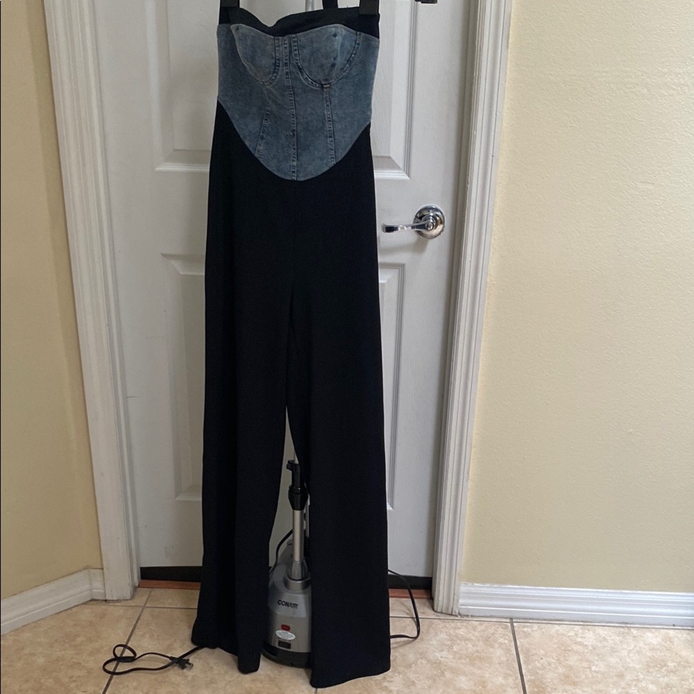 Fashion Nova Black Wide-Leg Jumpsuit with Denim Corset Top
